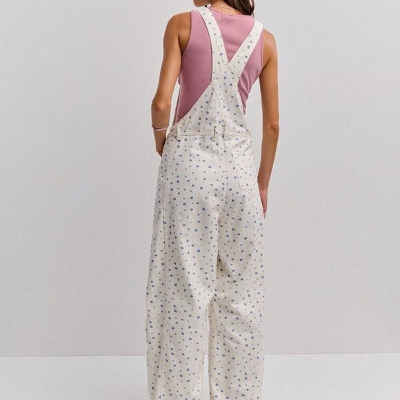 Multicolor Casual Women's ditsy Floral Print Wide-Leg Denim Overalls jumpsuit - Picture 3 of 8